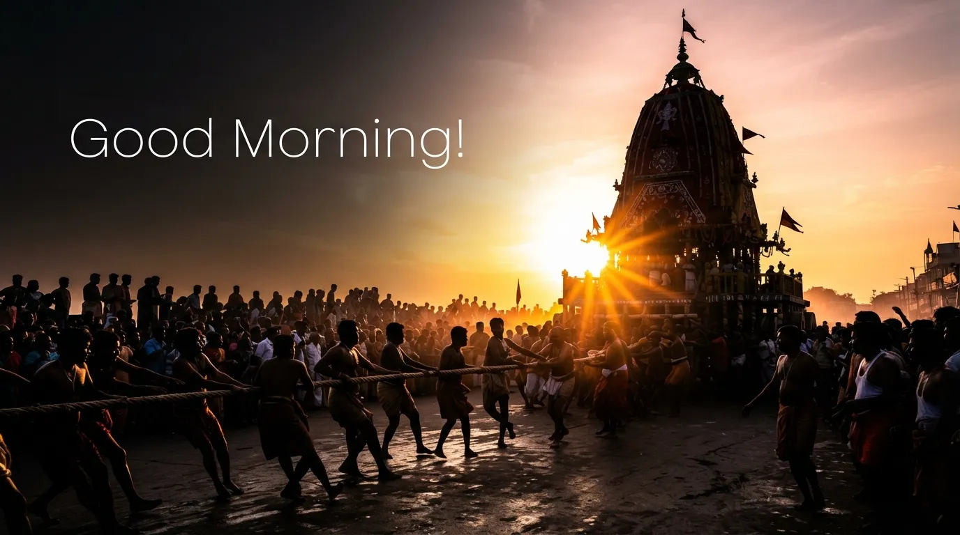 Silhouette of devotees pulling the holy chariot during Ratha Yatra under a bright morning sky.