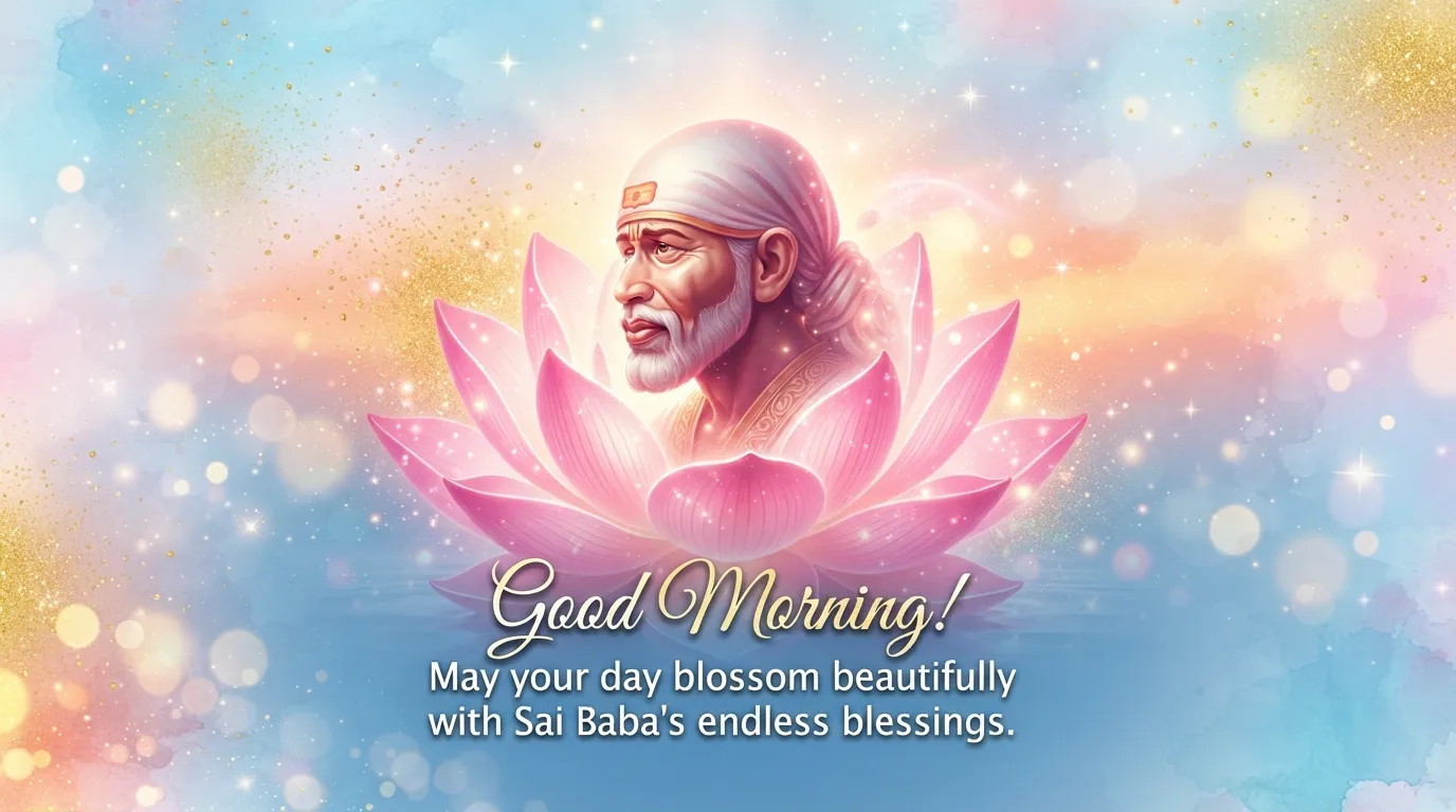 Modern digital art of Sai Baba with a lotus flower morning wish