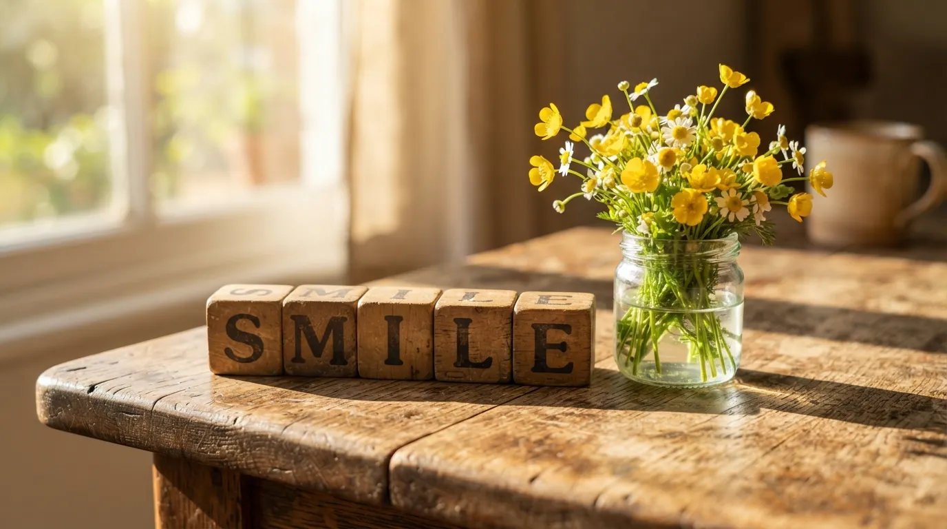 Small rustic wooden blocks spelling the word SMILE next to a small vase of yellow wildflowers in morning light.