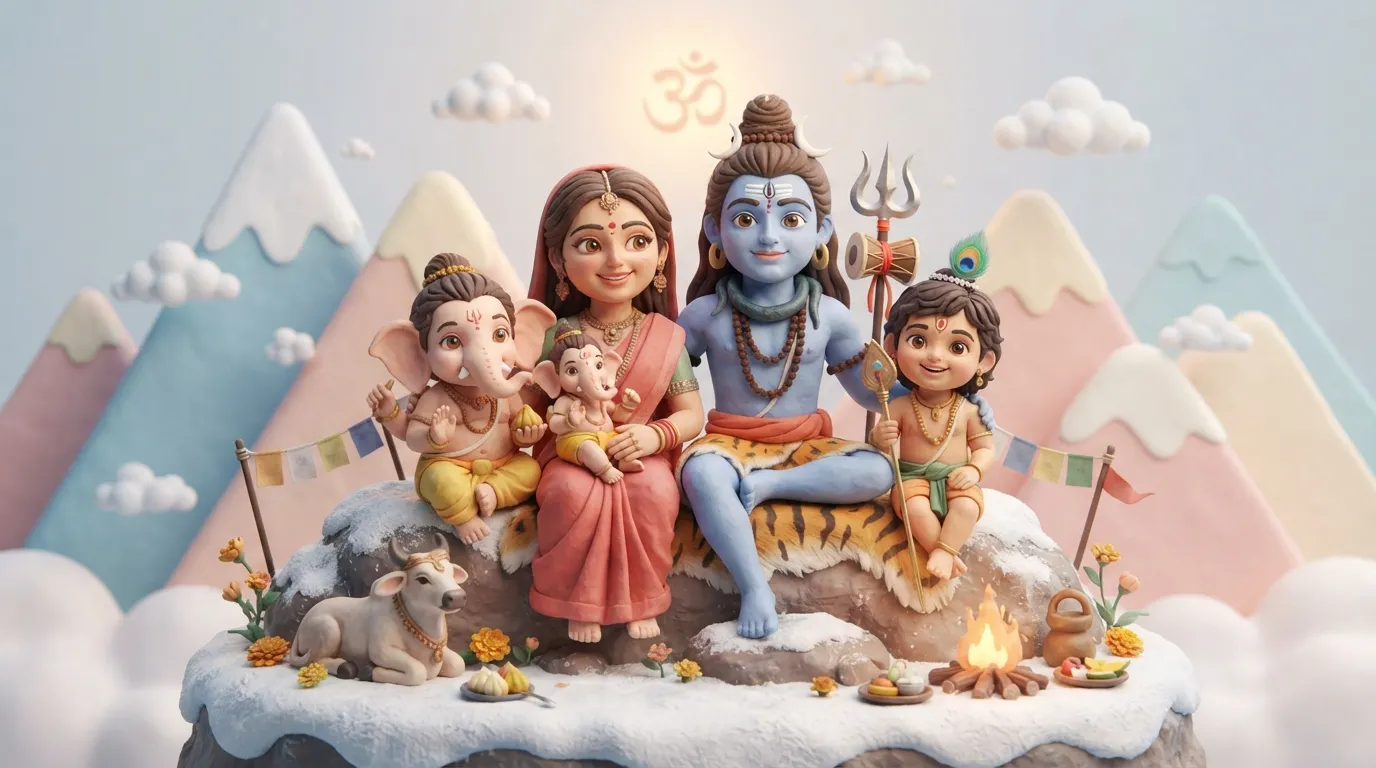 3D clay-style cute characters of Lord Shiva, Parvati, Ganesha, and Kartikeya