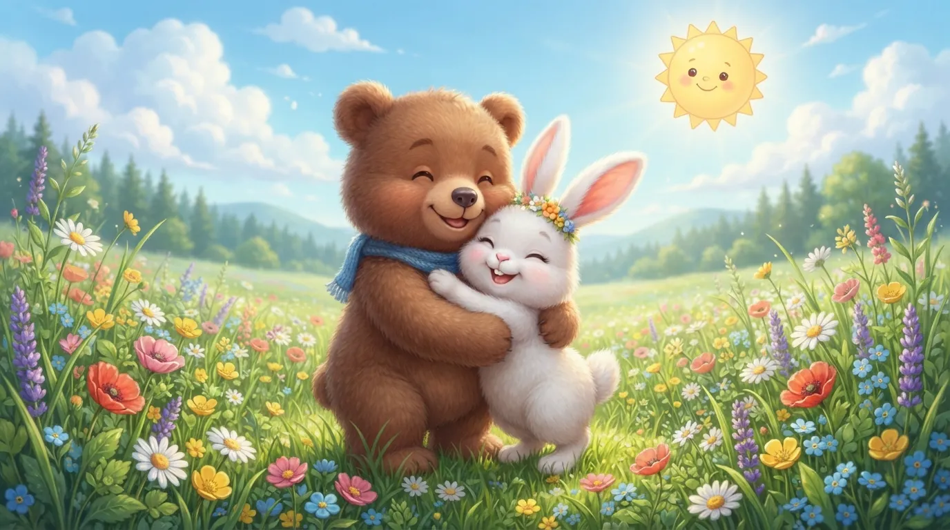 Cute animated bear and rabbit hugging with good morning text