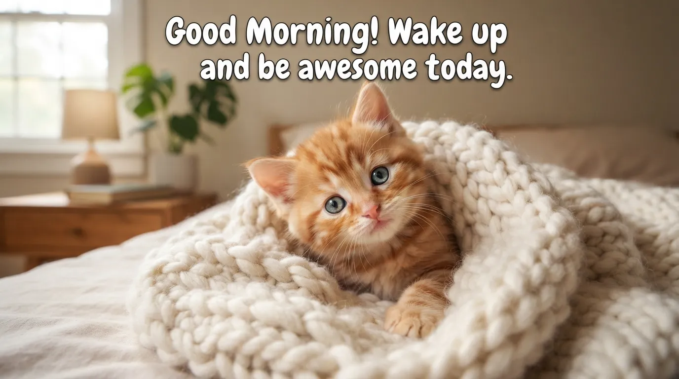 Special beautiful good morning images with a cute kitten peeking from a cozy blanket.