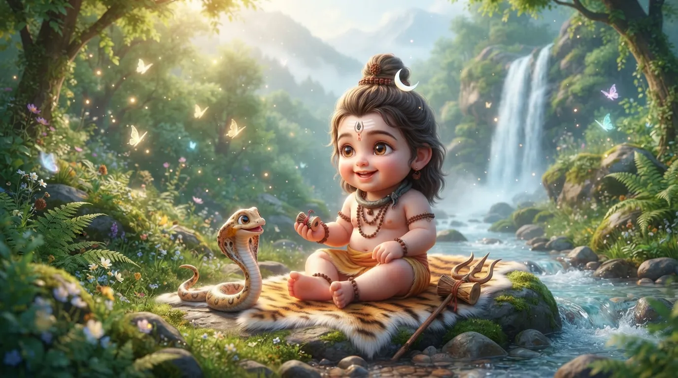Cute little Bal Shiva bholenath ke photos sitting smiling under waterfall