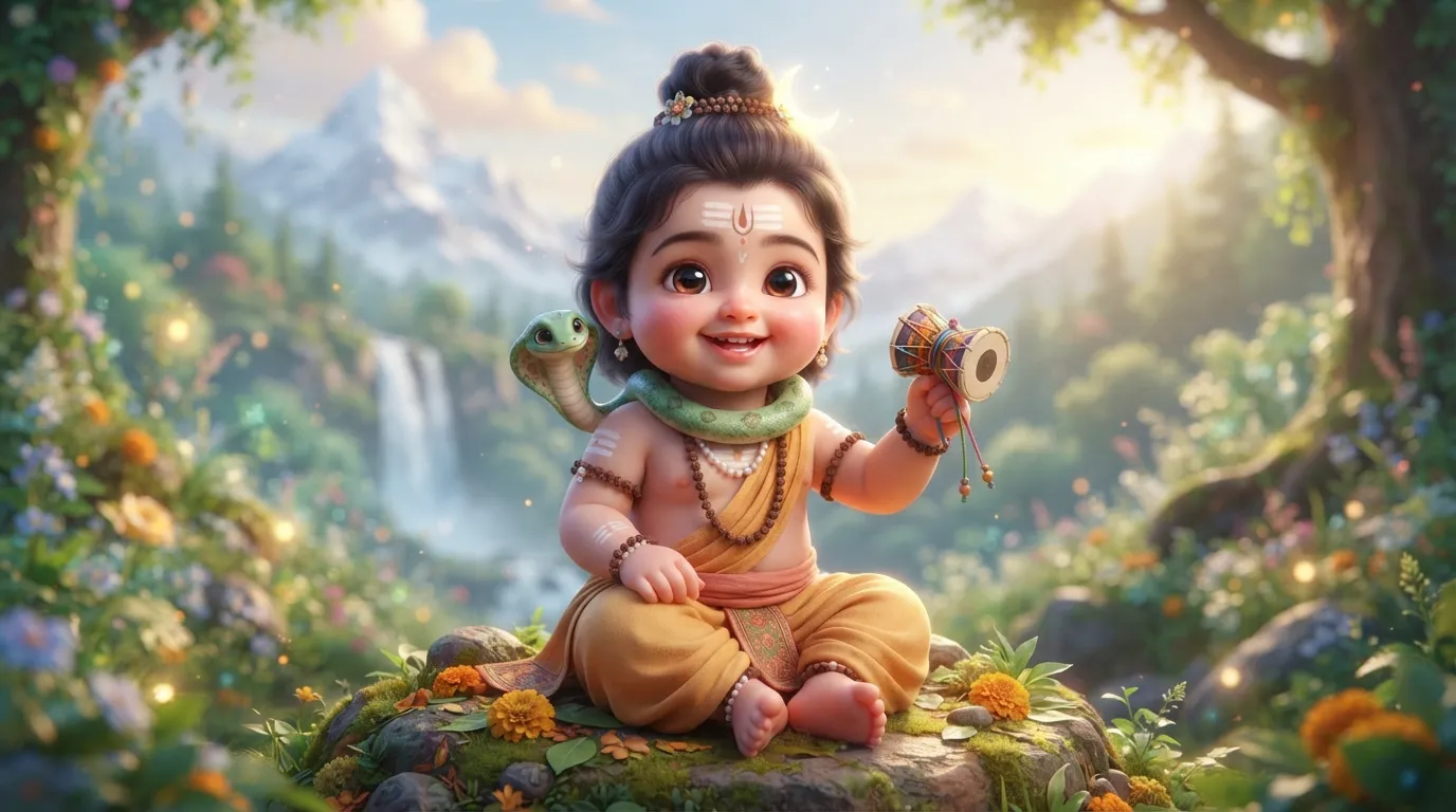 Adorable 3D animated photo of young child Bal Bholenath smiling.