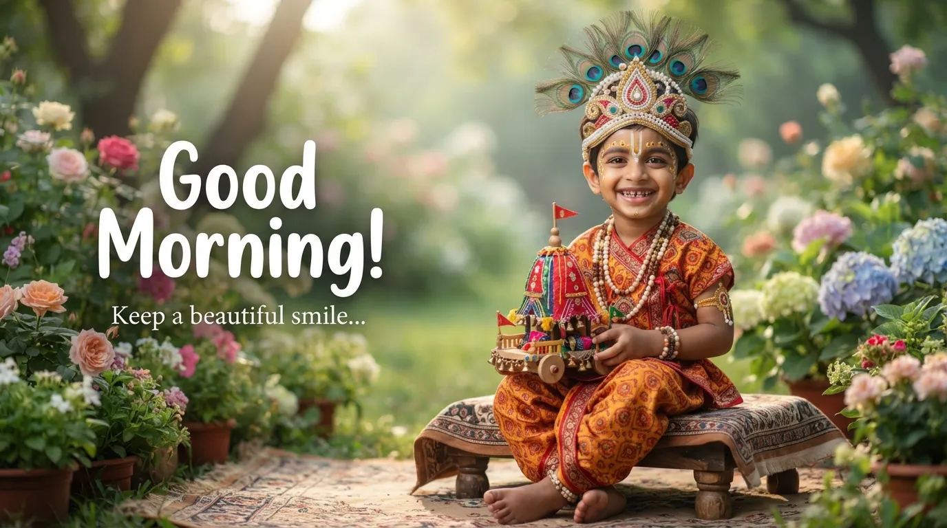 An adorable child dressed as Lord Jagannath holding a small chariot with a morning quote.