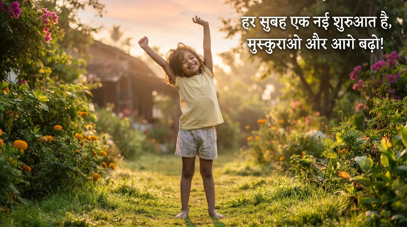 A smiling child stretching in the morning sun with a cheerful Hindi quote.