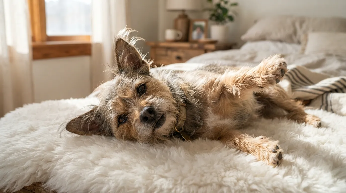 Candid shot of a small, happy dog stretching on a rug in a patch of morning sunlight, looking towards the camera.