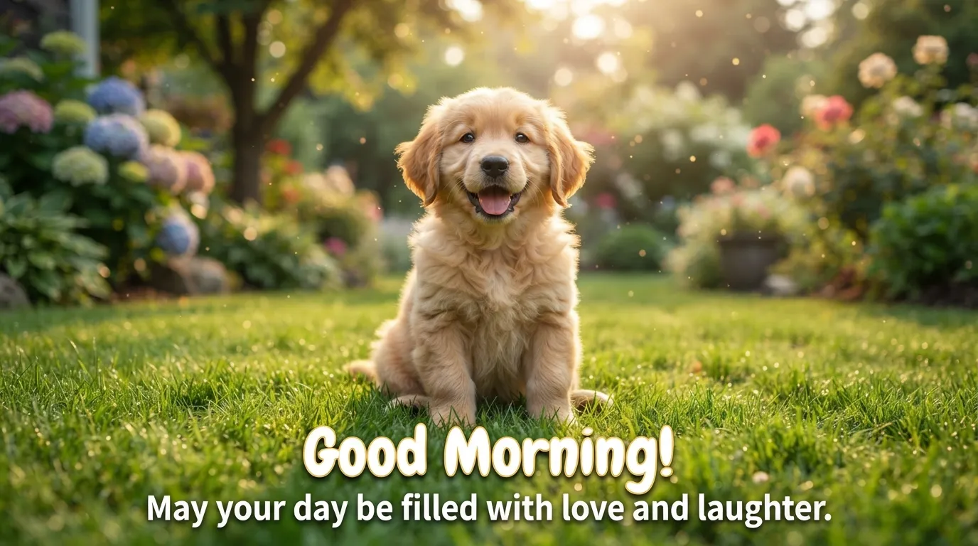 Adorable golden retriever puppy sitting on green grass under morning sunlight