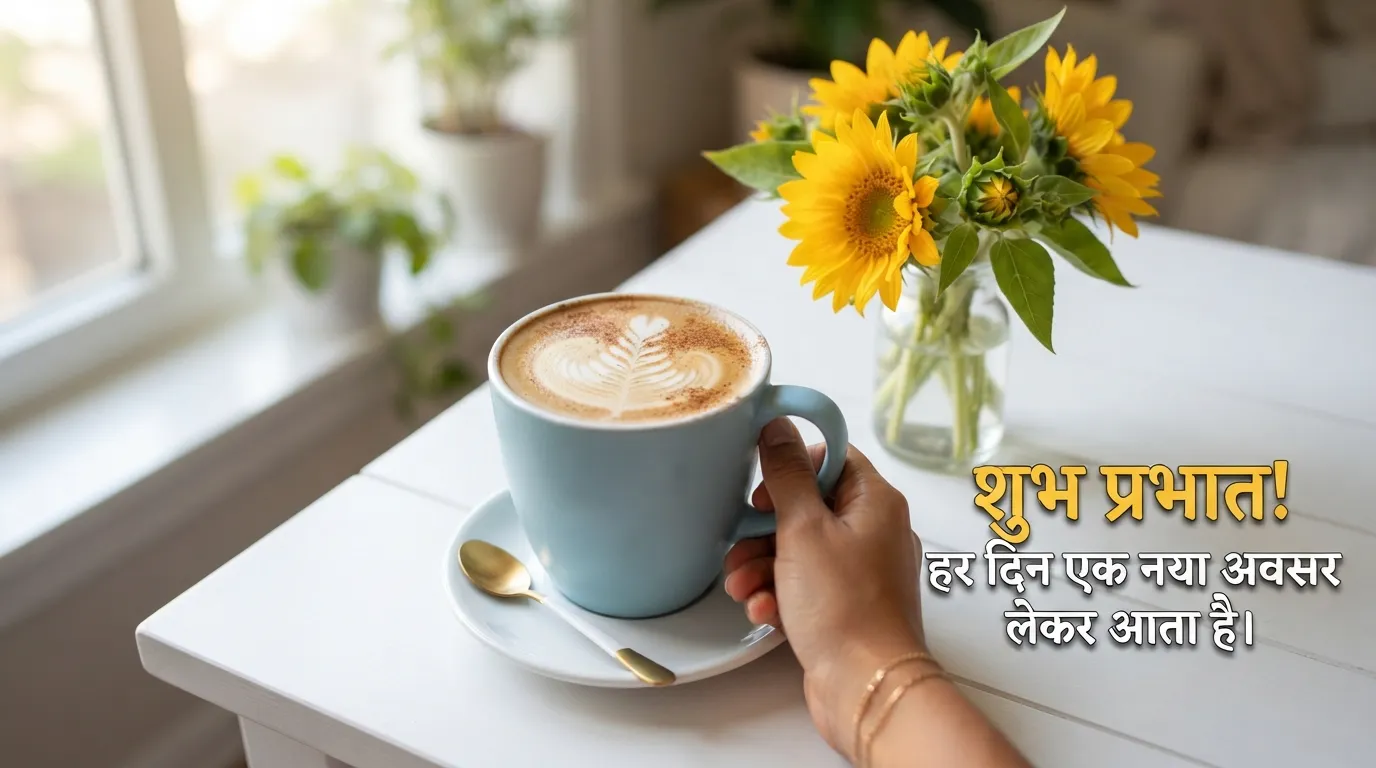 Good Morning coffee mug with yellow sunflowers and Hindi positive quote.