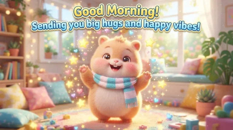 Cute cheerful illustration with a happy vibes morning wish in English.
