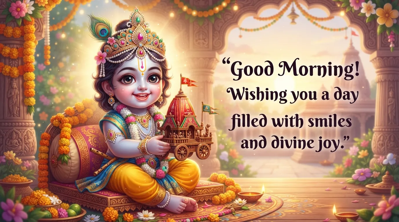 Cute 3D cartoon style Lord Jagannath illustration with a morning wish.