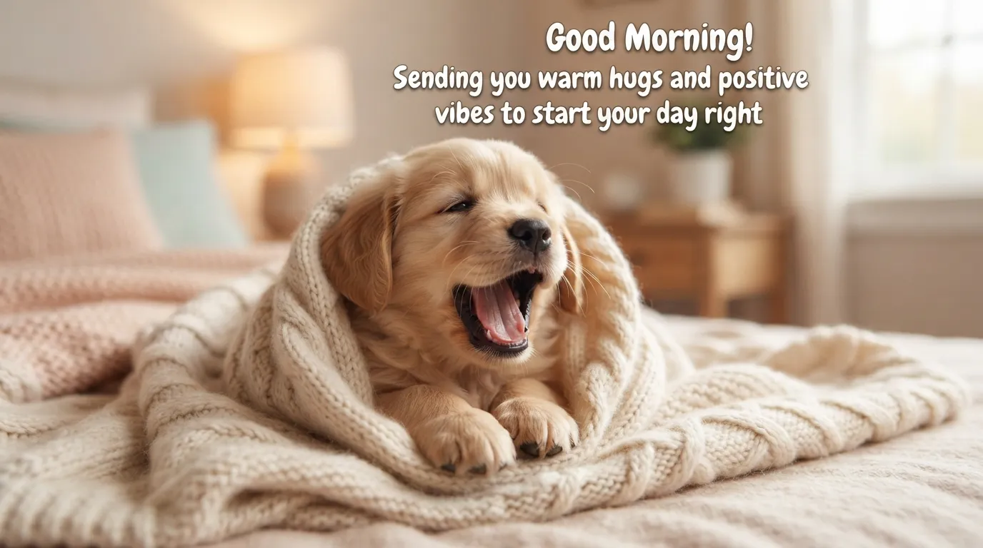 A cute golden retriever puppy yawning in a cozy blanket with a sweet Good Morning text.