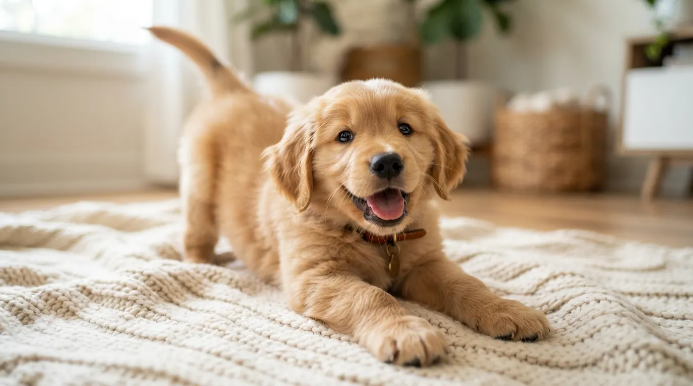 An adorable golden retriever puppy waking up playfully on a soft blanket.
