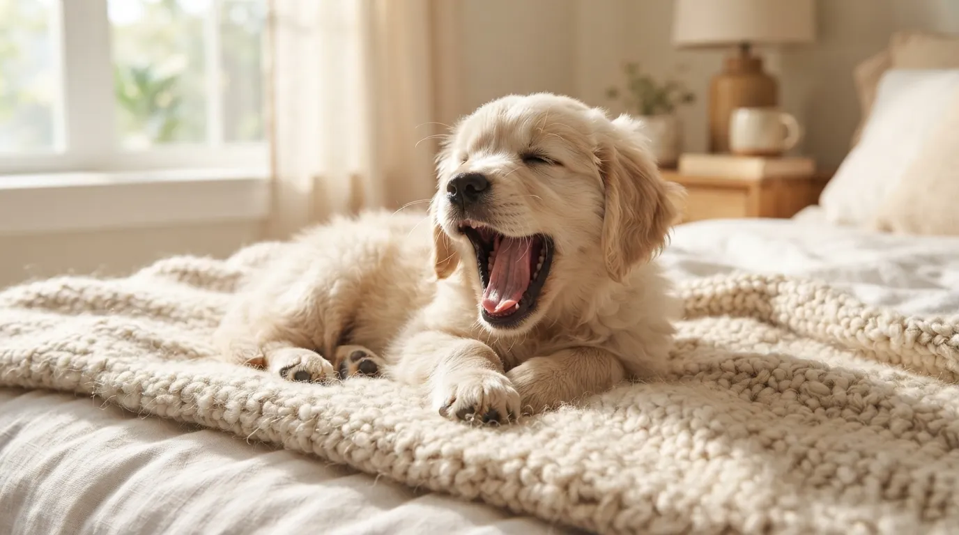 An adorable golden retriever puppy yawning on a soft bed blanket in a sunlit room.