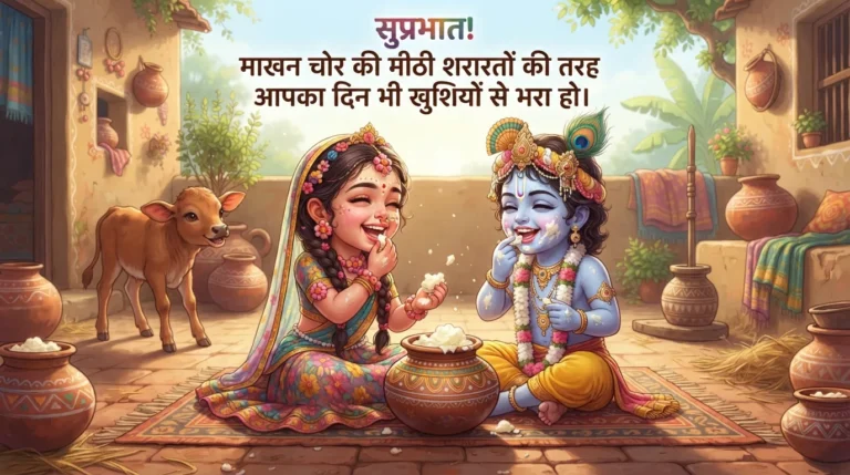 Cute young Radha Krishna sharing butter in the morning with Hindi quotes