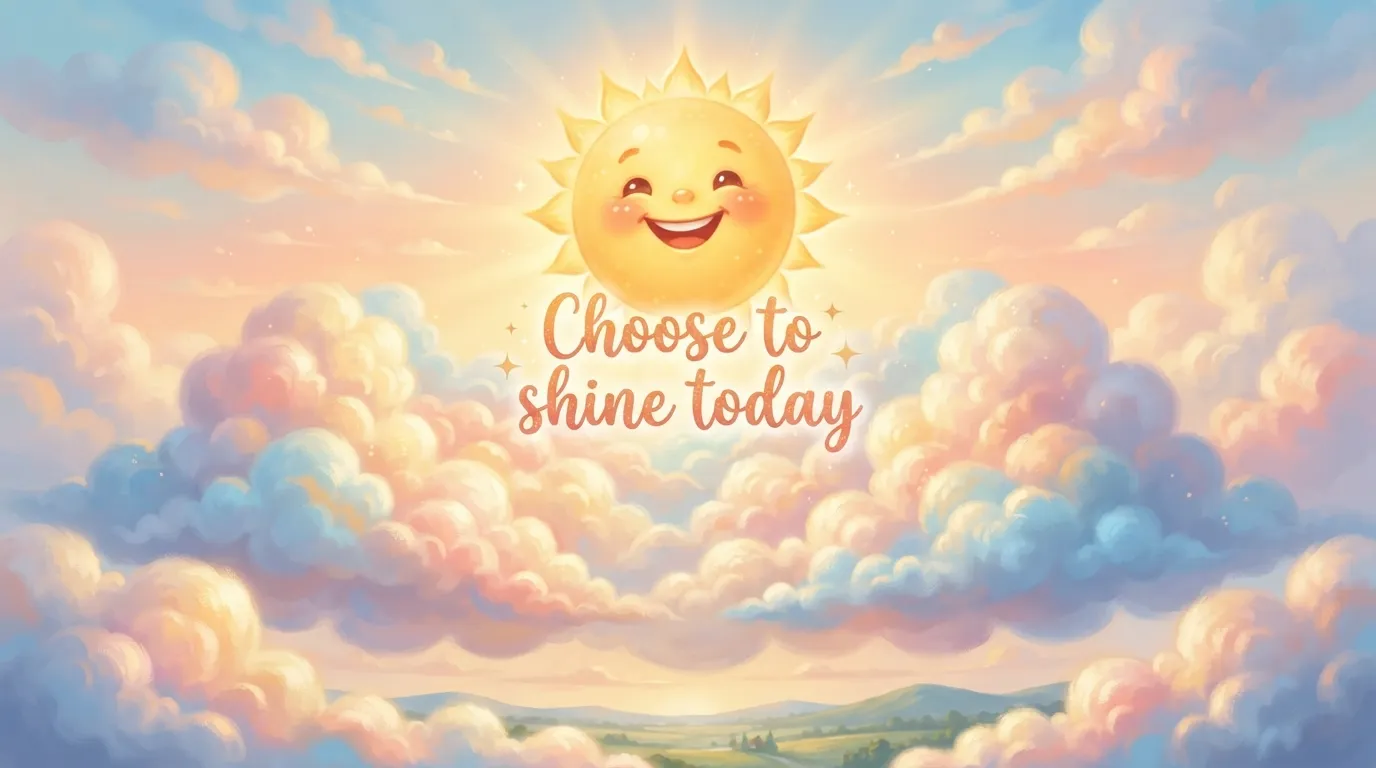 Cute smiling sun cartoon rising behind clouds with a cheerful morning greeting.