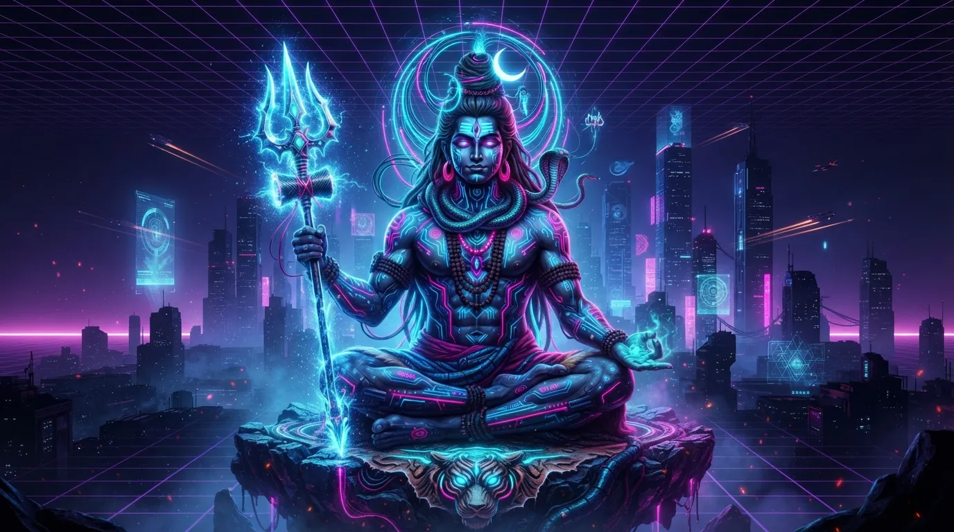 Futuristic cyberpunk style Lord Shiva with glowing neon lines, unique Mahadev wallpaper HD 4K phone art.