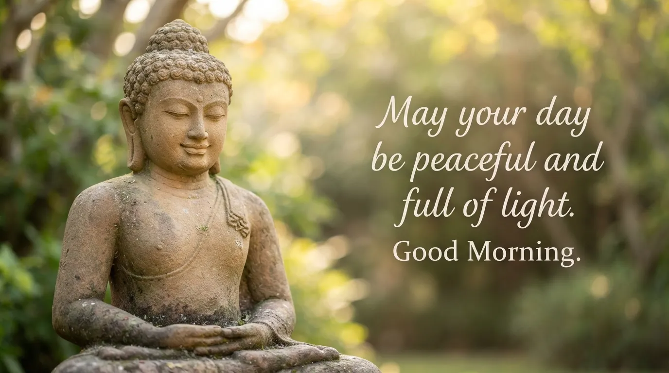 Serene Buddha portrait with "May your day be peaceful and full of light" text.
