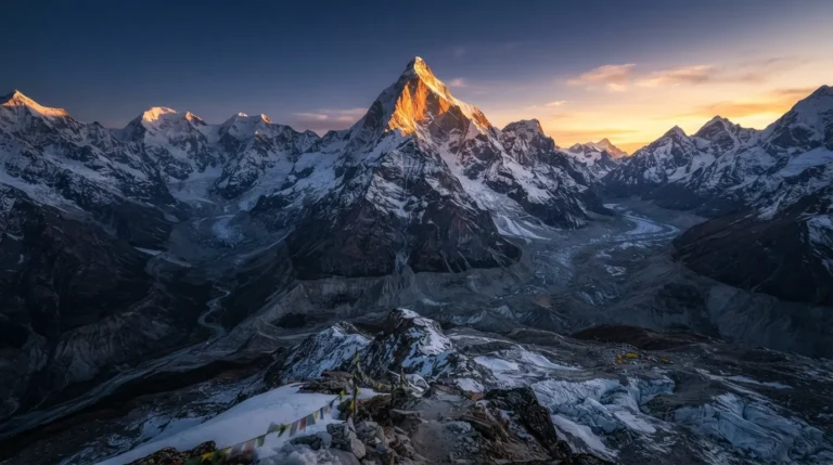 A mesmerizing view of Shivling bathed in the golden rays of dawn against the majestic backdrop of Mount Kailash.