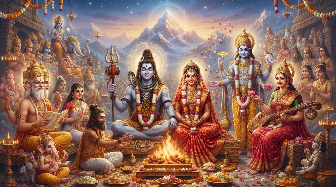 An image depicting various Hindu deities attending the wedding of Shiva and Parvati.