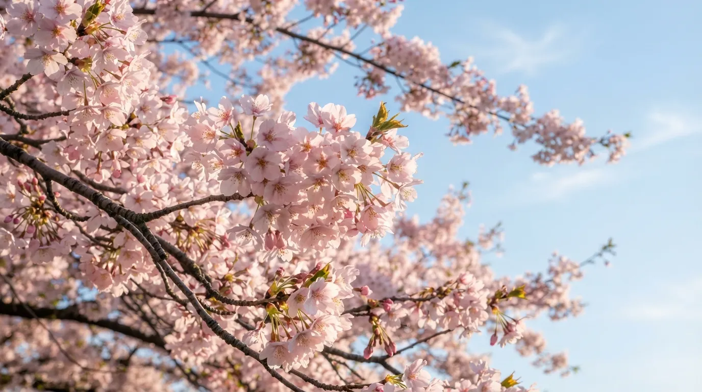 Soft pink cherry blossoms blooming on a branch against a clear blue morning sky.