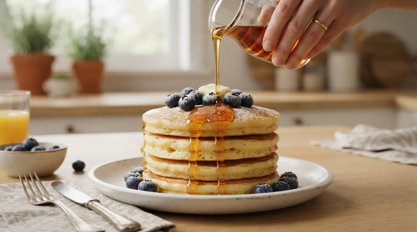 Close-up of golden honey being poured over a stack of fresh pancakes topped with blueberries at breakfast.