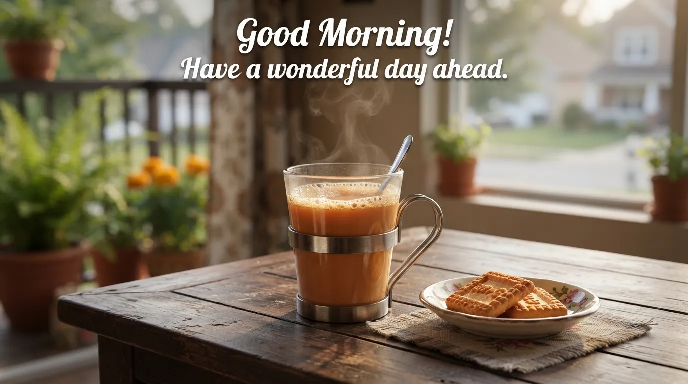 Traditional glass chai cup with steam next to biscuits on a wooden table