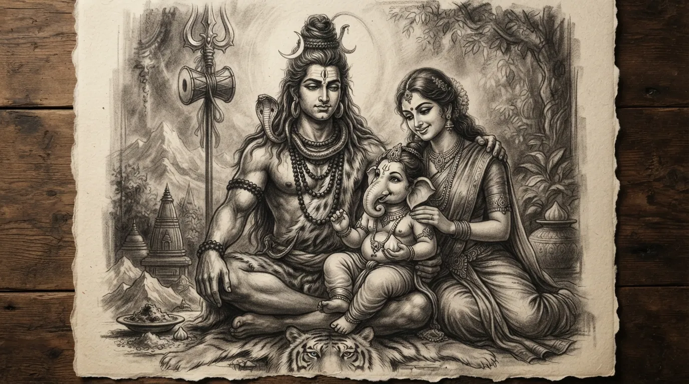 Artistic charcoal drawing showcasing the features of Shiva Parvati and Ganesha