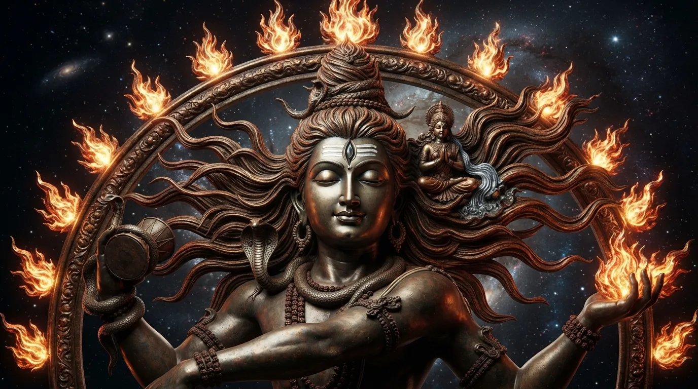 Close up view of nataraja shiva images showing detailed face, flying hair, and flaming ring.