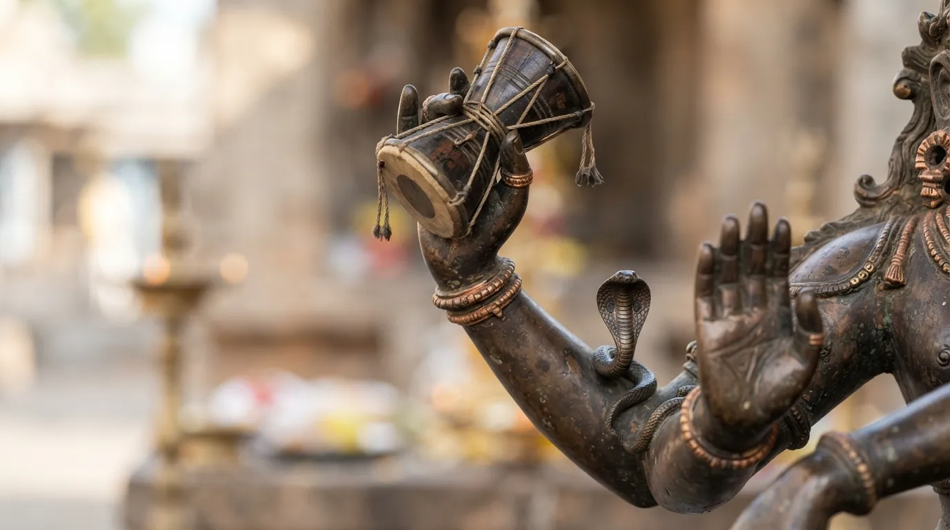 Close up shiva nataraja images focusing on the holy damru drum and fear-dispelling hand.