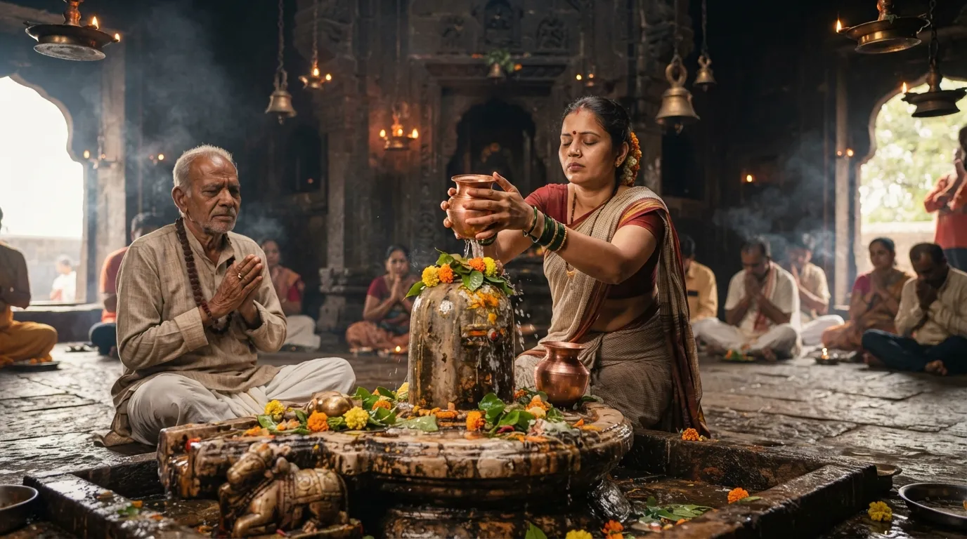 Devotees offering water to the Rajmachi Shivling with respect and devotion.