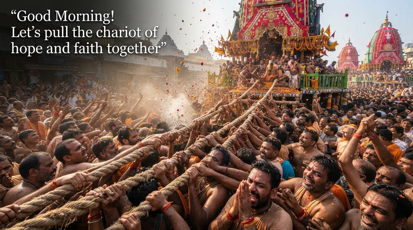 Thousands of devotees pulling the chariot ropes during Jagannath Rath Yatra 2026.