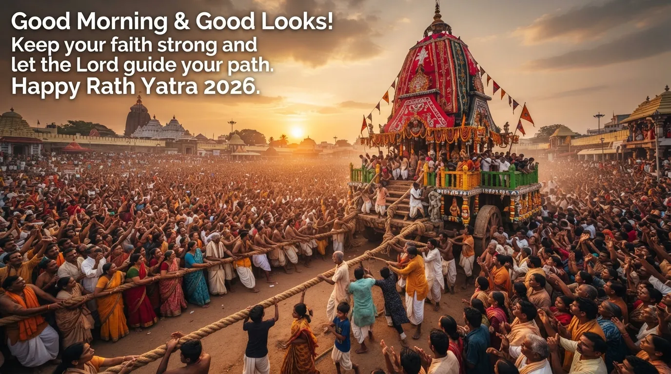 Thousands of devotees pulling the sacred ropes of Lord Jagannath's chariot during 2026 Rath Yatra.