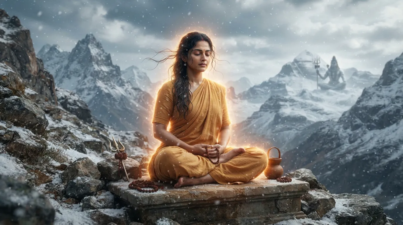 A touching animated image depicting Goddess Parvati in deep meditation (tapasya) to win Lord Shiva’s love, undeterred by the harsh elements.