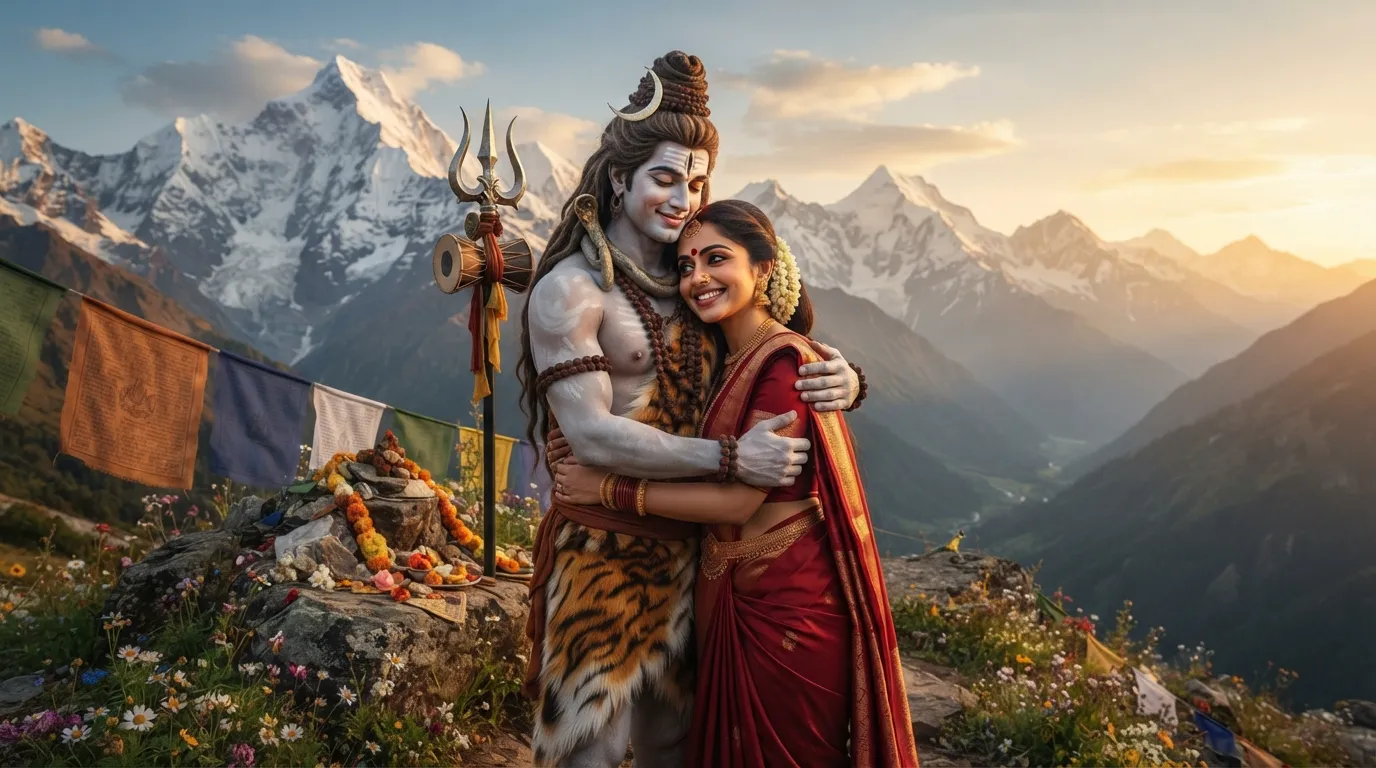 Shiv Parvati couple image real, showing their loving hug amidst the scenic Himalayas.