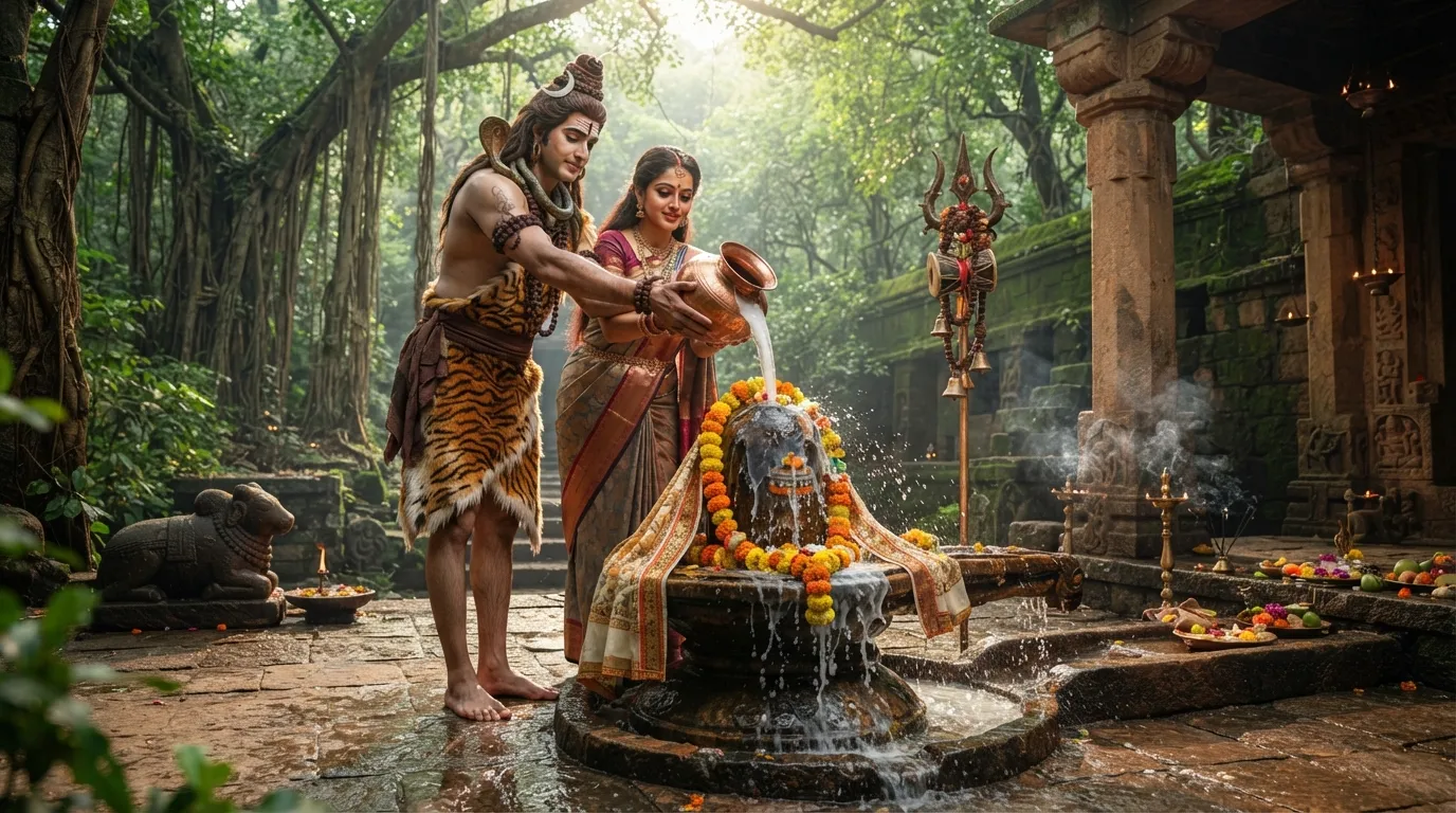 Traditional painting style image of Lord Shiva and Parvati performing water Abhishekam on a sacred Shivling in a forest.