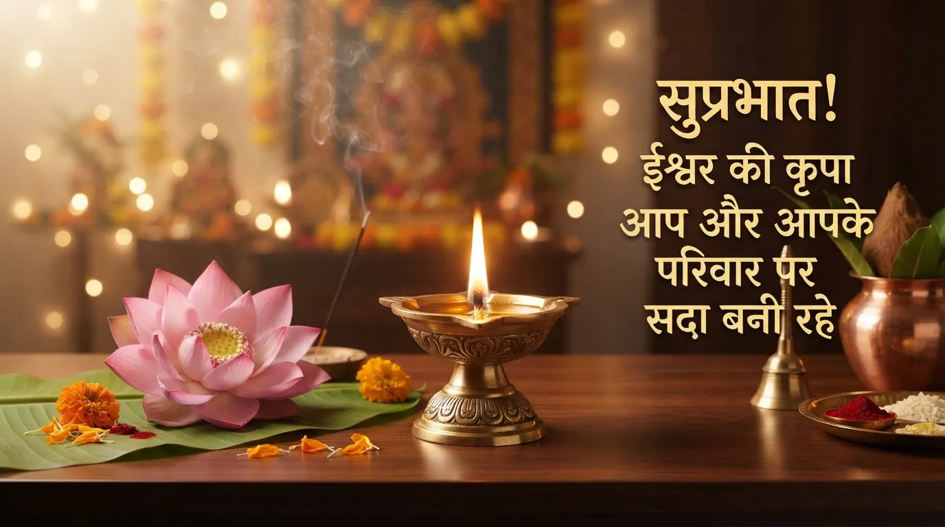 A glowing diya lamp next to a holy lotus flower with Hindi morning blessings.