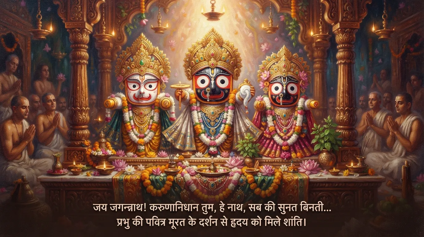 Beautiful oil painting style image of Lord Jagannath with inspiring Hindi morning quotes.