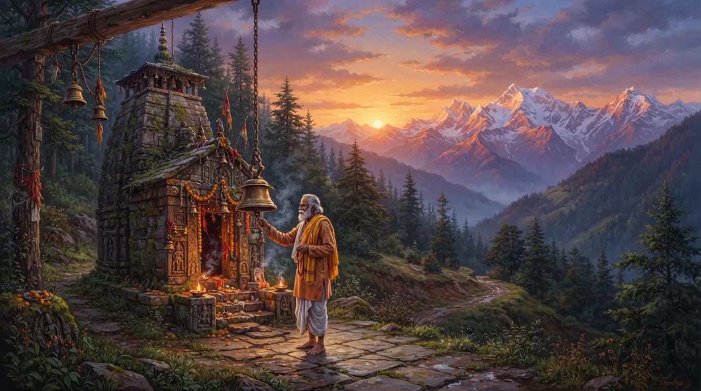Artistic representation of a lonely stone temple in the Himalayas during a peaceful sunset ritual