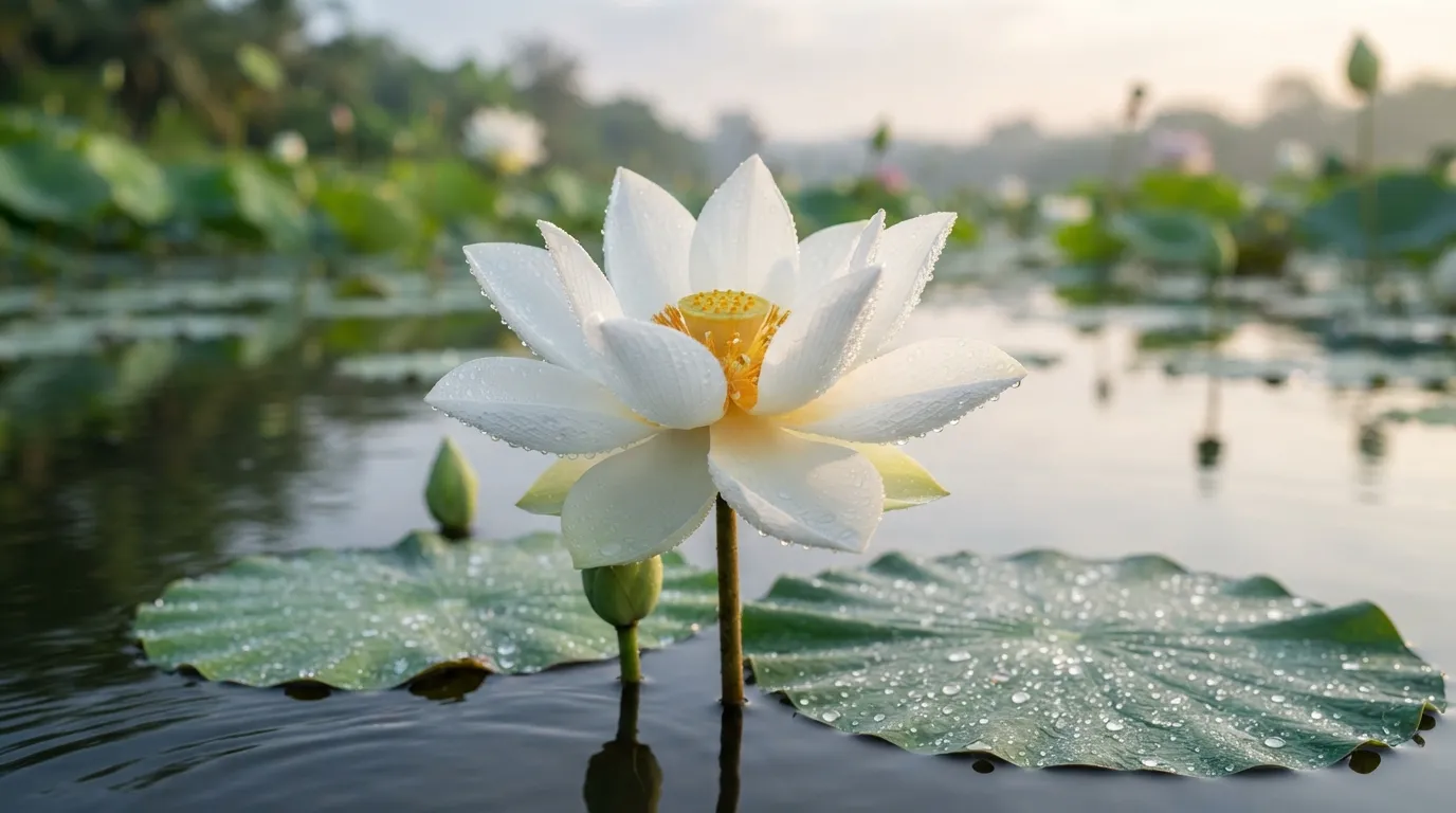 White lotus covered in morning dew drops standing in calm water