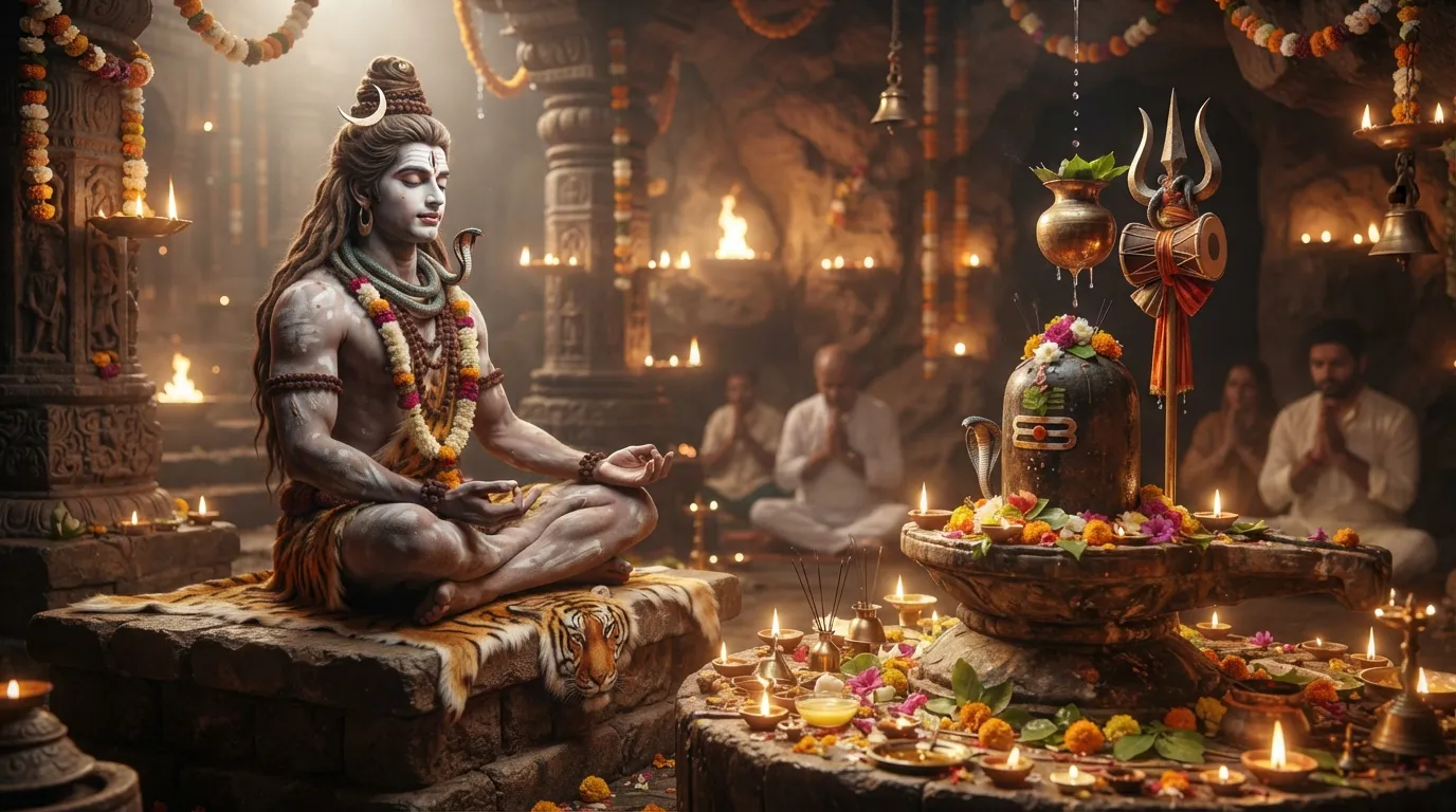 Ek murti mein bhagwan Shiva dhyan mein magan hain aur unke samne ek Bholenath Shivling hai.