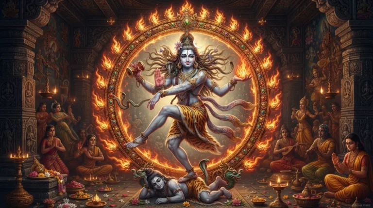 Detailed digital artwork of Lord Shiva Nataraja, showcasing intricate patterns and symbols