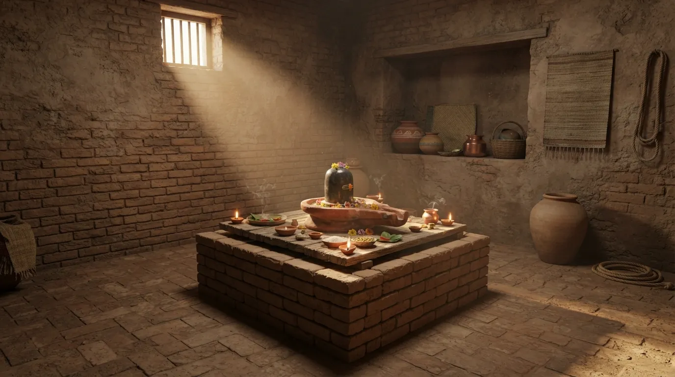 3D digital model reconstruction of an ancient Harappan home sanctuary with a central stone deity.