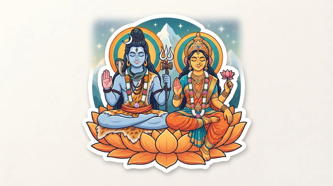 Vibrant sticker style illustration of Shiva and Parvati raising their hands in a divine blessing gesture.