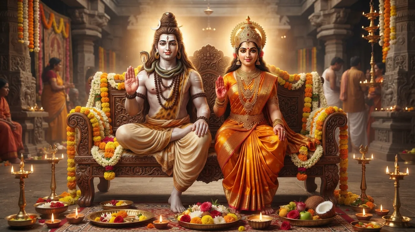 Seated deity couple raising hands in a gesture of universal blessing