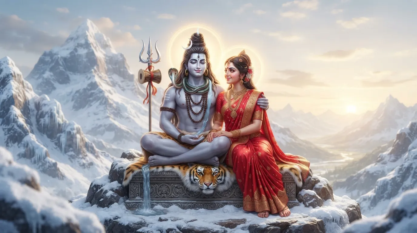 Lord Shiva and Goddess Parvati sitting together on Mount Kailash giving divine blessings, ideal for WhatsApp DP.