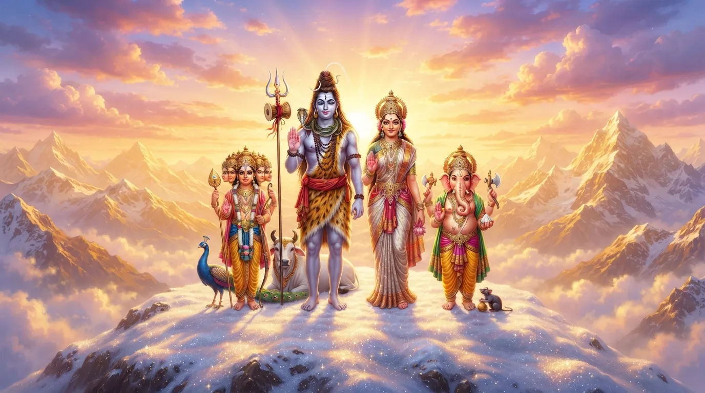 Shiva family standing on a snowy mountain peak, raising their hands in a universal blessing.