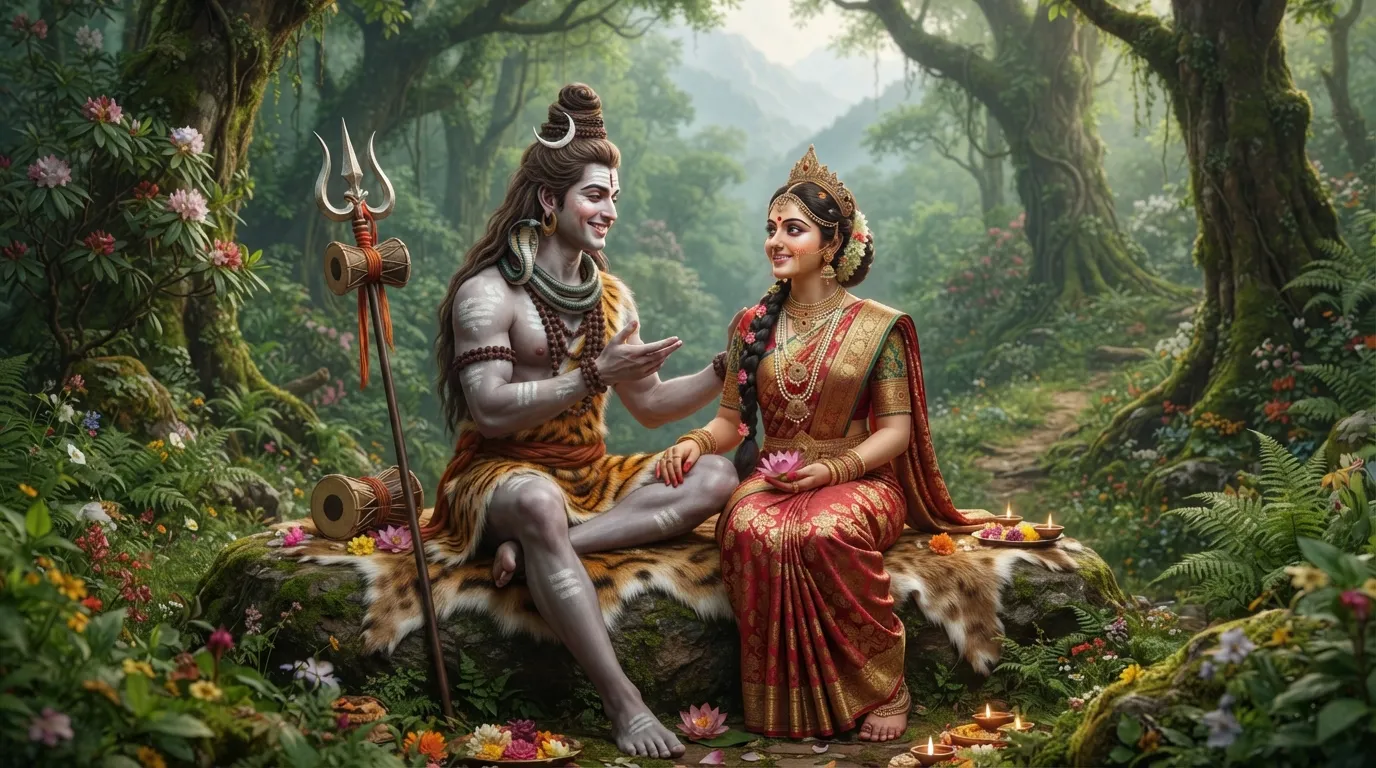 Shiv Parvati cute images, showing them seated in a lush forest, engrossed in sharing stories and secrets.