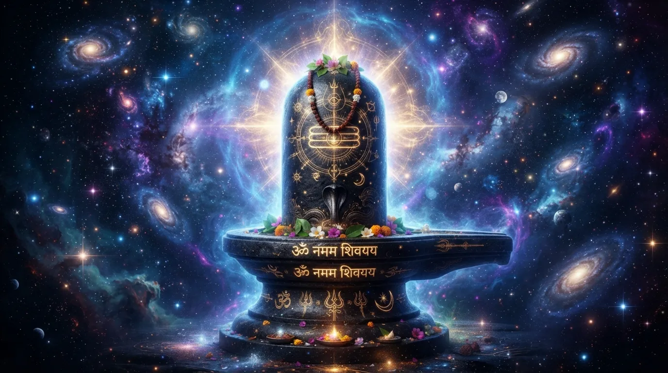 Abstract full HD wallpaper of a glowing black Shivling surrounded by a cosmic nebula and stars.