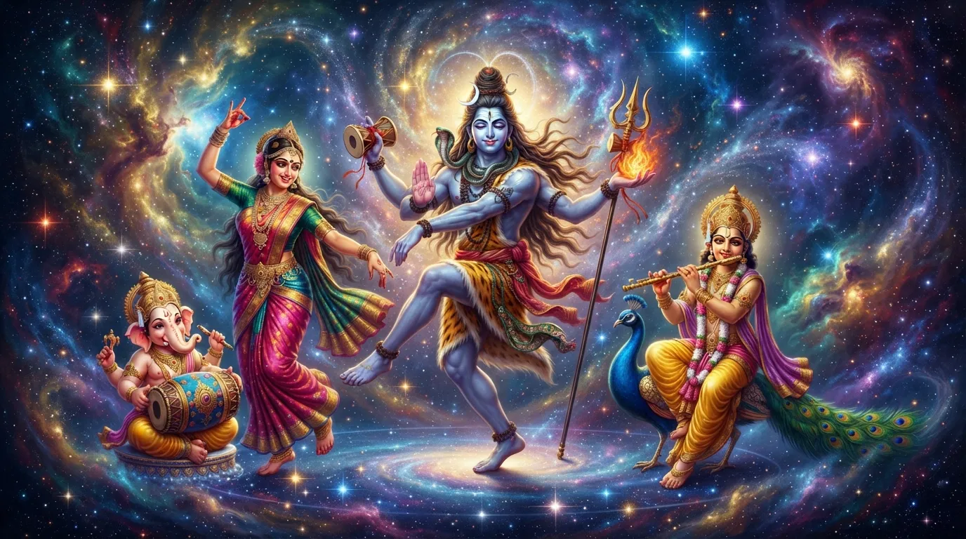 Lord Shiva performing joyful dance with Parvati, Ganesha, and Kartikeya playing musical instruments.